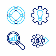 Poster - Set line Gear with dollar, Magnifying glass and analysis, Light bulb gear and Business lifebuoy icon. Vector