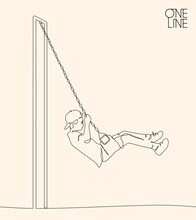 Boy On Swing Outline. Linear Child Silhouette. Continuous Single Line