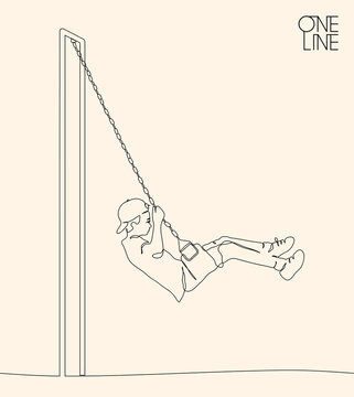 Boy on swing outline. Linear child silhouette. Continuous single line