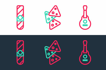 Poster - Set line Mexican guitar, Cigar and Nachos icon. Vector