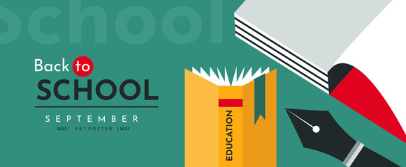 Educational banner with an open book, notebook and fountain pen. Back to School background.