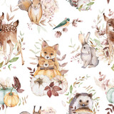 Fototapeta Dziecięca - Woodland seamless pattern. Watercolor fall forest design. Deer, fox, squirrel, hare, hedgehog. Cute animals and floral texture for nursery decor, fabric, textile, wallpaper, wrapping paper