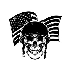 Wall Mural - Skull in army helmet on usa flag background. Soldier skull. Design element for poster, card, banner, sign. Vector illustration