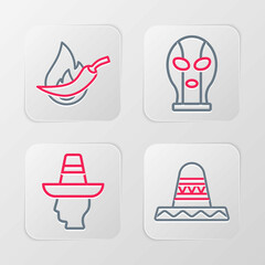 Sticker - Set line Mexican sombrero, man, wrestler and Hot chili pepper pod icon. Vector