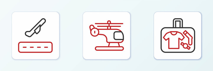 Sticker - Set line Suitcase, Plane takeoff and Helicopter icon. Vector