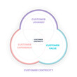 Customer Centricity venn diagram has customer journey, customr experience and customer value for organization to understand customer situations, perception, and expectations. Infographic presentation.