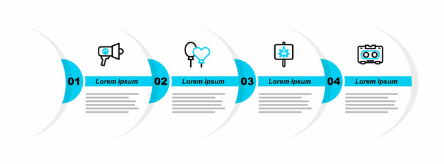 Poster - Set line Retro audio cassette tape, Marijuana, Balloons and Megaphone icon. Vector