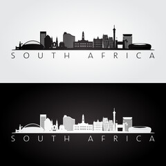 South Africa skyline and landmarks silhouette, black and white design, vector illustration.