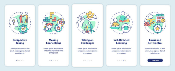 Skills for kids onboarding mobile app screen. Children development walkthrough 5 steps editable graphic instructions with linear concepts. UI, UX, GUI template. Myriad Pro-Bold, Regular fonts used