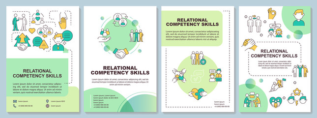 Skills of relational competency green brochure template. Leaflet design with linear icons. Editable 4 vector layouts for presentation, annual reports. Arial-Bold, Myriad Pro-Regular fonts used