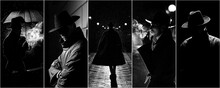 Collage Of Photos In Noir Style With A Man In Raincoat And Hat In The Rain With An Umbrella With A Cigarette In Night City
