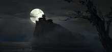 Mysterious Lonely City Under The Full Moon, 3D Illustration.