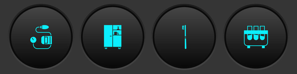 Poster - Set Blood pressure, Medicine cabinet, Toothbrush and Test tube and flask icon. Vector