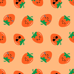 Wall Mural - Cute cartoon style happy and sad orange persimmon characters vector seamless pattern background for food design.
