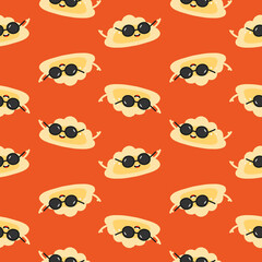 Wall Mural - Cute cartoon style pierogi, filled dumpling characters wearing sunglasses vector seamless pattern background.