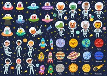 Big Space Collection With Cute Characters. Space Bundle In Cartoon Style With Planets, Kids And Animals Astronauts On Dark Background. Aliens In Flying Saucers Clipart Set. Vector Illustration