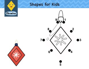 Wall Mural - Dot to dot game for kids. Connect the dots and draw a cute Christmas tree toy. Learning rhombus shape activity page. Vector illustration