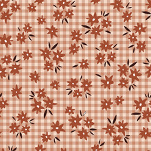 Floral Gingham Plaid Boho Halloween Vector Seamless Pattern. Geometric Florals Abstract Background. Retro Buffalo Check With Flowers Surface Design For Autumn Holidays Gift Wrapping Paper.