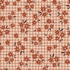 Wall Mural - Floral Gingham plaid Boho Halloween vector seamless pattern. Geometric florals abstract background. Retro buffalo check with flowers surface design for autumn holidays gift wrapping paper.