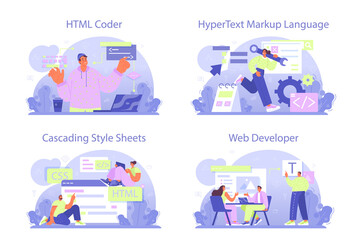 Sticker - website development set. html coding process. digital specialist creating