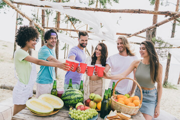 Sticker - Portrait of positive cool friends hold plastic bear cups enjoy hanging out celebrate birthday beach outdoors