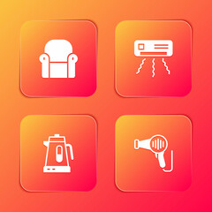 Sticker - Set Armchair, Air conditioner, Electric kettle and Hair dryer icon. Vector