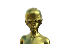 Golden Bald Alien Humanoid On A White Background. 3d Illustration.