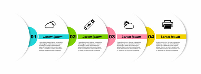 Poster - Set line Cloud, USB flash drive, Sun and cloud weather and Printer. Business infographic template. Vector