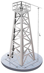 Metal derrick of an oil well placed on a graph paper with the dimensions penciled with lines and arrows (cut out)