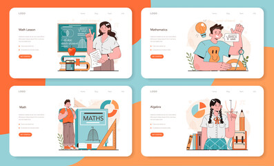 Wall Mural - Math school subject web banner or landing page set. Students studying