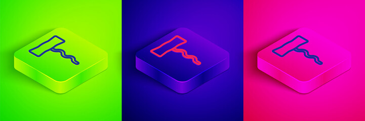 Canvas Print - Isometric line Wine corkscrew icon isolated on green, blue and pink background. Square button. Vector