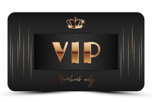 Black Elegant Vip Card Template. Modern Business Card For Members Only With Golden 3d Text, Crown. Luxury Abstract Invitation. Vector Illustration For Loyalty, Bonus Card, Gift Certificate