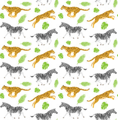 Canvas Print - Vector seamless pattern of flat hand drawn leopard and zebra isolated on white background