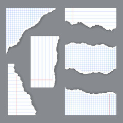 Vector torn pieces of notebook pages. Six empty elements with tear paper effect. Sizable, editable vector.