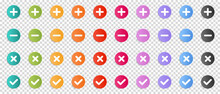 Plus, Minus, Decline And Accepted Button Set - Colorful Vector Illustrations Isolated On Transparent Background