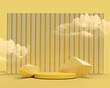 Yellow podium display and white clouds in the yellow background. 3d rendering.