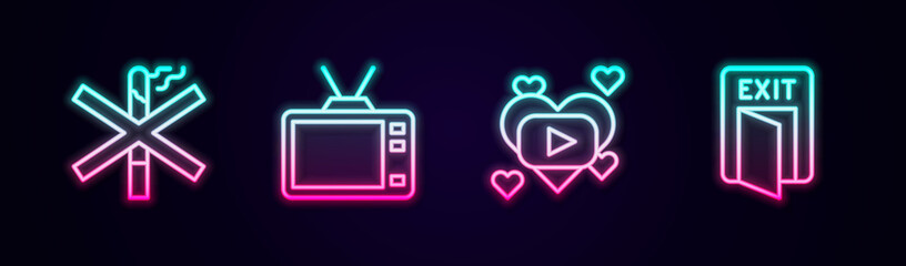 Sticker - Set line No smoking, Retro tv, Romantic movie and Fire exit. Glowing neon icon. Vector