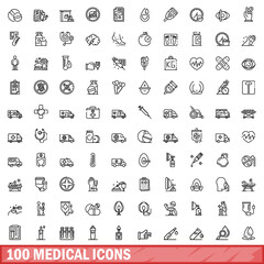 Sticker - 100 medical icons set. Outline illustration of 100 medical icons vector set isolated on white background