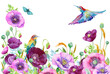 floral background purple poppies and birds watercolor illustration for the design of postcards and invitations