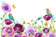 floral background purple poppies and birds watercolor illustration for the design of postcards and invitations