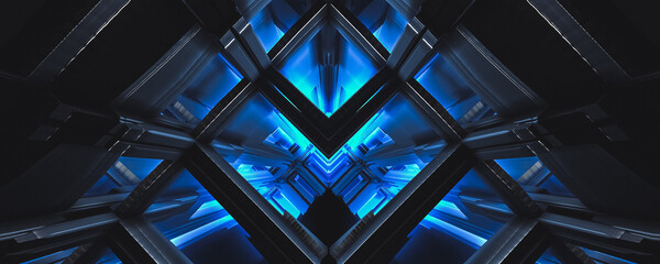 Wall Mural - Abstract building construction pillar 3d background with blue light