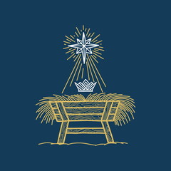 the nativity scene. a hand-drawn manger for the baby jesus. star of bethlehem and crown of the king 