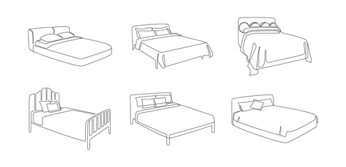 Aufkleber - Set of double beds thin icons in line art style. Modern comfortable luxury furnitures for bedroom in simple linear style. Editable stroke. Doodle vector illustration