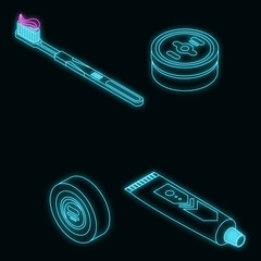 Wall Mural - Toothpaste icons set. Isometric set of toothpaste vector icons neon on black