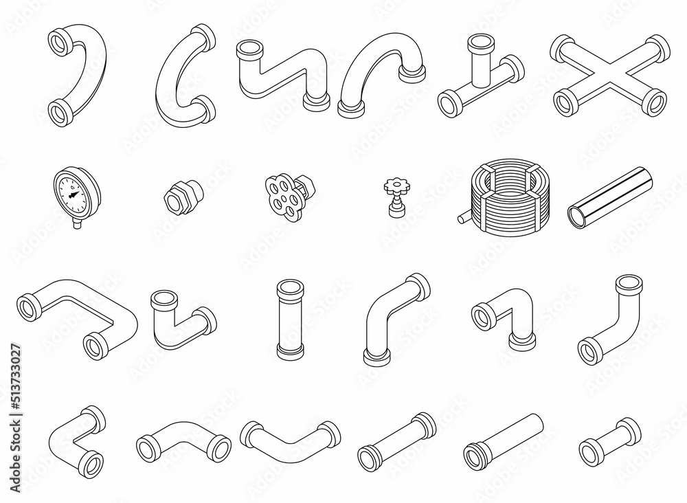 Pipe icons set. Isometric set of pipe vector icons thin line outline on ...
