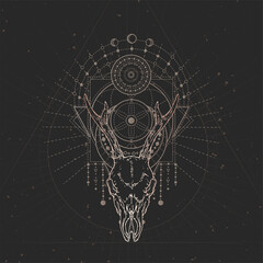 Wall Mural - Vector illustration with hand drawn Roe deer skull and Sacred geometric symbol on black vintage background.