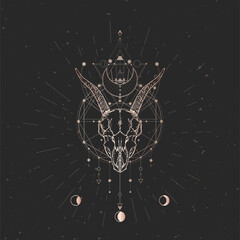 Wall Mural - Vector illustration with hand drawn Goat skull and Sacred geometric symbol on black vintage background. Abstract mystic sign.