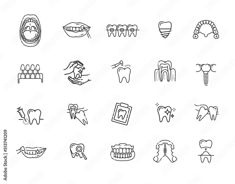 Thin line vector icons of dental clinic services, stomatology ...