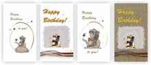 Set Of Happy Birthday Greeting Postcards, 4 Cards, Victorian Style, Sitting Girls, White Background, Watercolors