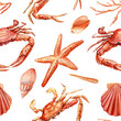 © Hanna - Seamless pattern with starfish, crab, shells. Nautical background for wallpaper. Watercolor illustration